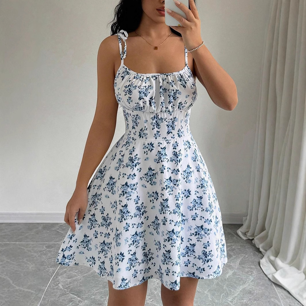 Summer women's floral suspender short dress square neck gentle style skirt women's clothing