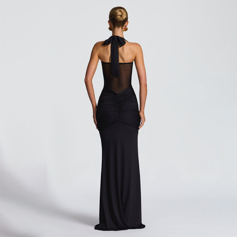 women's clothing halter neck tie mesh splicing streamer long skirt dress style dress