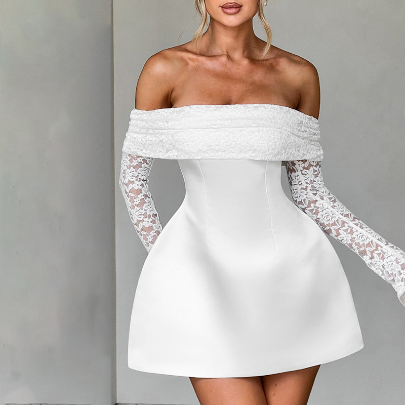 Women's clothing summer style one-shoulder long-sleeved sexy slim lace short dress
