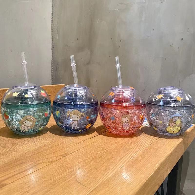 600ml Ice Crystal, Double Wall Water Bottle With Straw / Beverage/ Hello Summer aclyric smoothie  For Outdoors