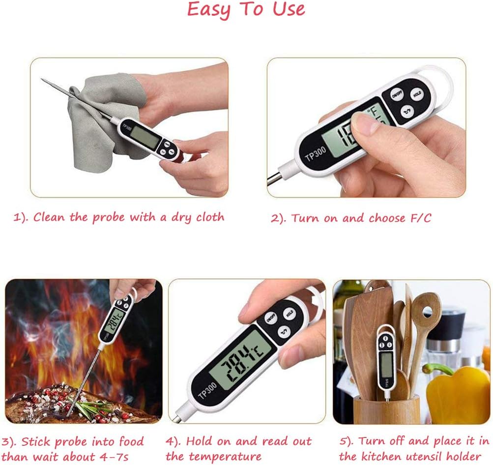 Cooking Thermometer, Digital Meat Food Thermometer Instant Read Long Probe Auto-Off LCD Screen Kitchen Thermometer