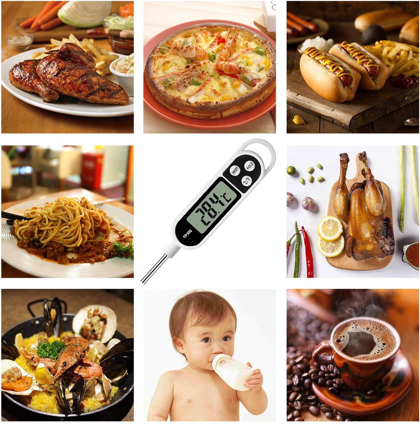Cooking Thermometer, Digital Meat Food Thermometer Instant Read Long Probe Auto-Off LCD Screen Kitchen Thermometer