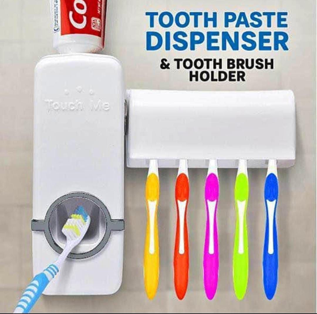 Automatic Toothpaste Dispenser & 5-Slot Toothbrush Holder – Wall Mounted No-Power Toothpaste Squeezer | Strong Adhesive Bathroom Organizer