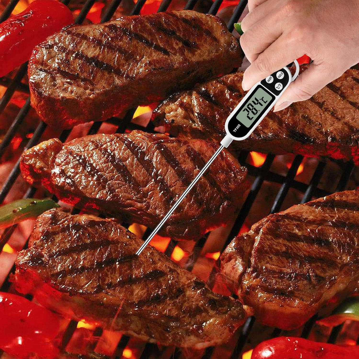 Cooking Thermometer, Digital Meat Food Thermometer Instant Read Long Probe Auto-Off LCD Screen Kitchen Thermometer