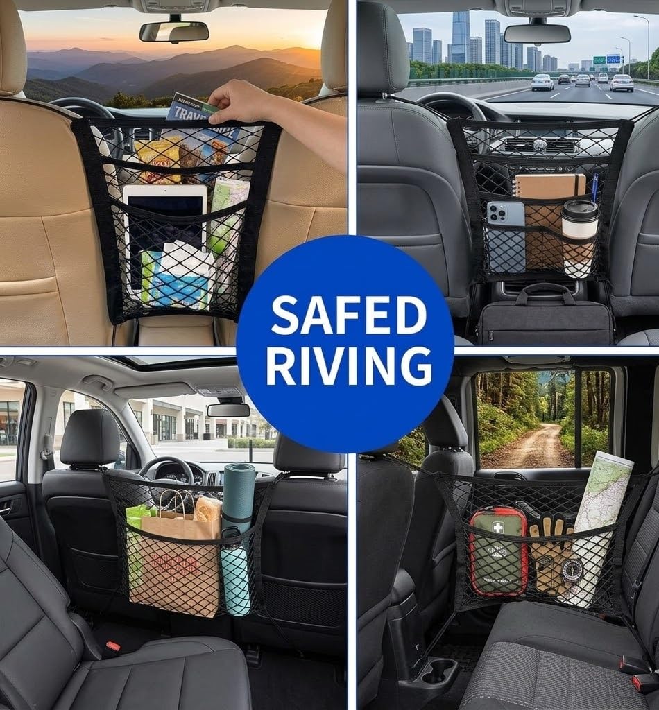 3-Layer Car Mesh Organizer Net Pocket Between Front Seats – Handbag Holder, Kids & Pet Barrier, Tissue Storage, Universal Seat Gap Organizer Car Interior Accessory