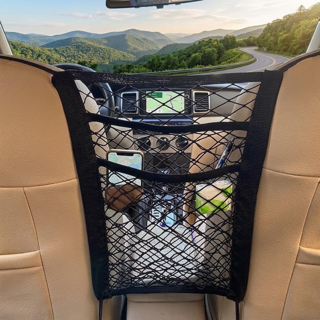 3-Layer Car Mesh Organizer Net Pocket Between Front Seats – Handbag Holder, Kids & Pet Barrier, Tissue Storage, Universal Seat Gap Organizer Car Interior Accessory