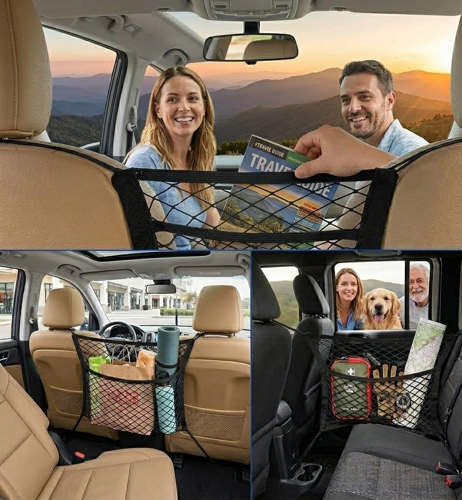 3-Layer Car Mesh Organizer Net Pocket Between Front Seats – Handbag Holder, Kids & Pet Barrier, Tissue Storage, Universal Seat Gap Organizer Car Interior Accessory