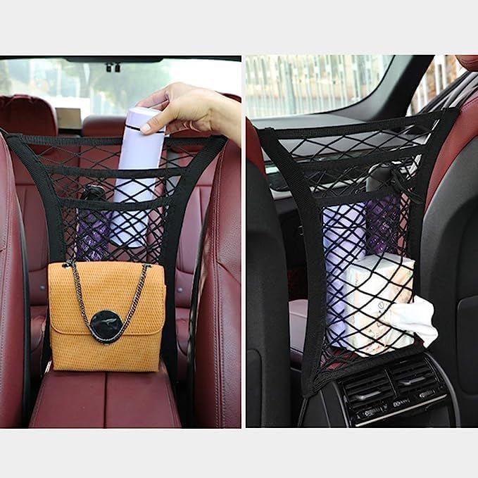 3-Layer Car Mesh Organizer Net Pocket Between Front Seats – Handbag Holder, Kids & Pet Barrier, Tissue Storage, Universal Seat Gap Organizer Car Interior Accessory