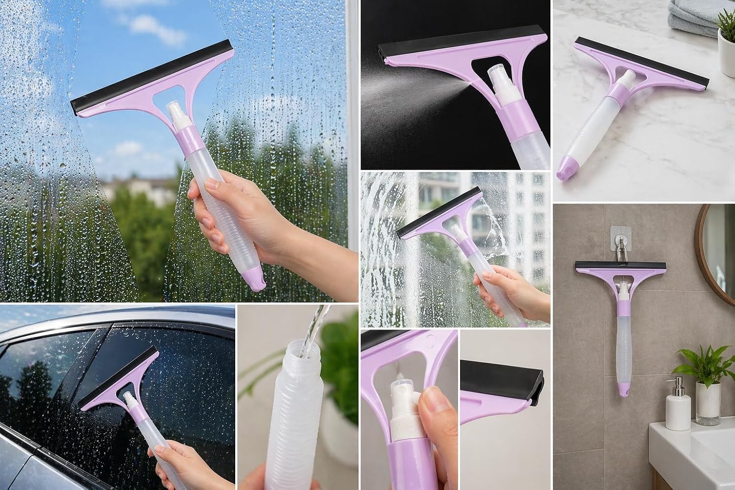 3 in 1 Multifunctional Window Cleaner Squeegee - Glass Cleaning Scraper Brush with Built-in Water Spray Bottle for Shower Doors, Mirrors & Car Windshields