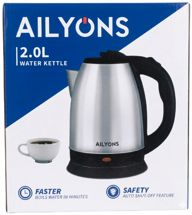 AILYONS 2L Rapid-Boil Electric Kettle – Cordless Stainless Steel Water Heater with Auto Shut-Off & Boil-Dry Protection