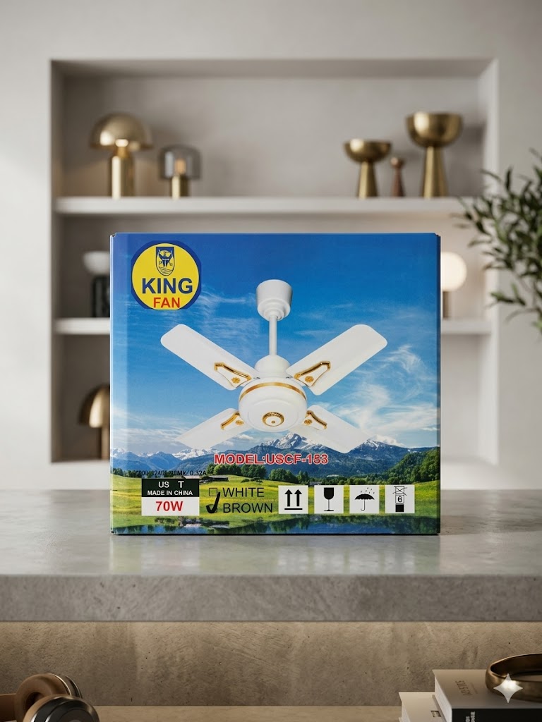 KING FAN 4-Blade Ceiling Fan (USCF-153) – 70W High-Speed Compact Ceiling Fan with Gold Accents – White