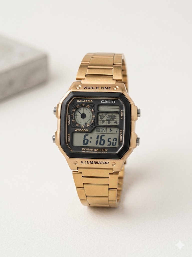 Casio Men's Digital World Time Sport Watch - 10-Year Battery, 100M Water Resistant, Square Dial | Model AE-1200WHB-1BV,it is the ultimate everyday companion for travelers and sports enthusiasts.