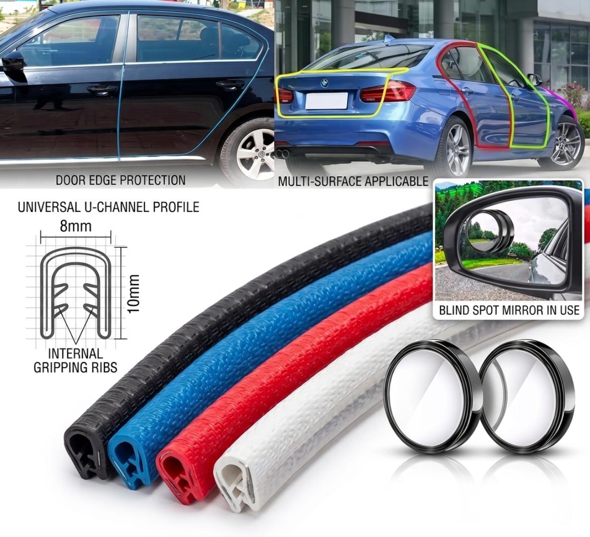 5M Universal Car Door edge  Protector Door Edge Scratch Protector Strip Rubber Seal U Shape Car Edge Strip Decor Protector+ FREE adjustable Blindspot mirrors