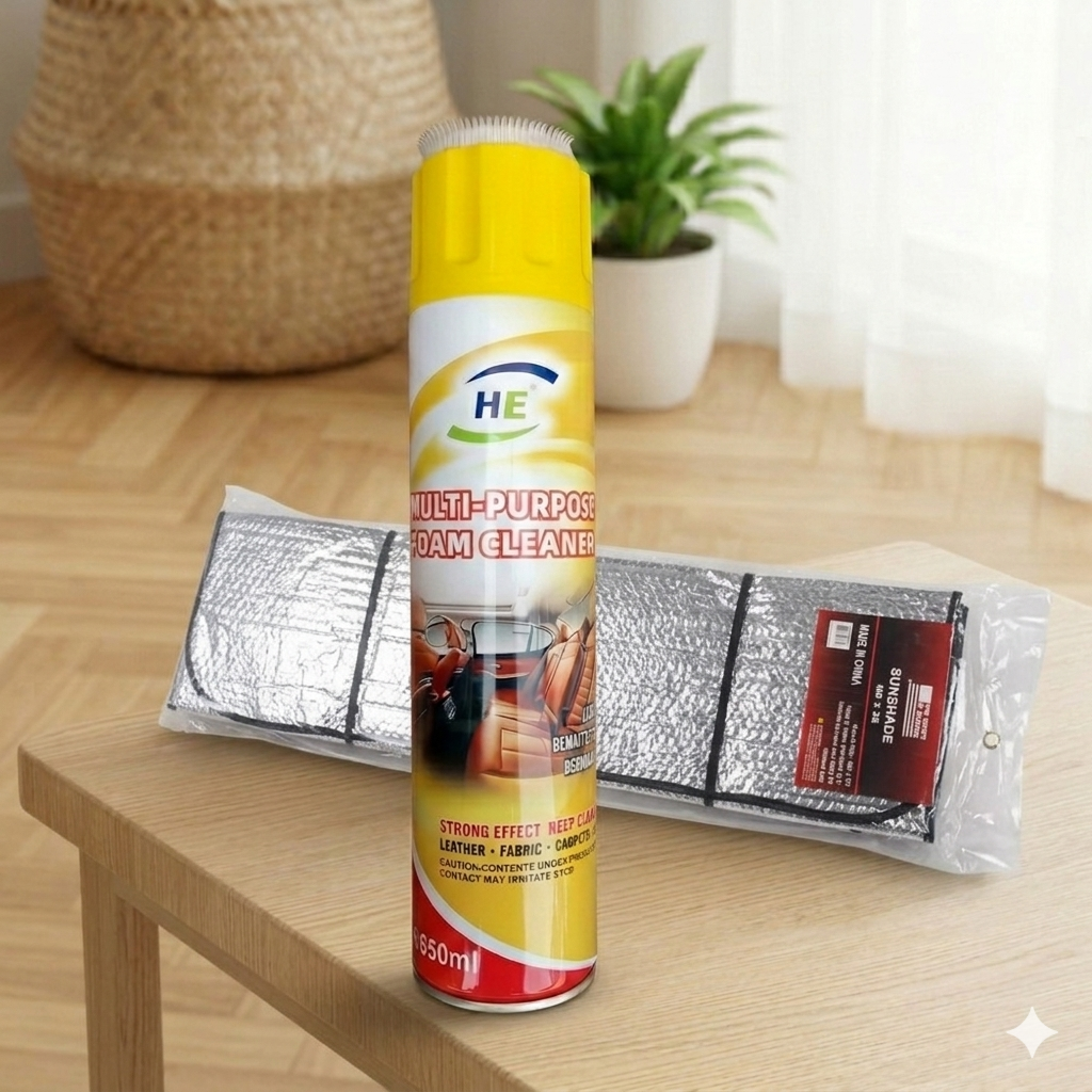 2-piece Interior Care & Protection Bundle. universal foam cleaner + sun visor sun shade