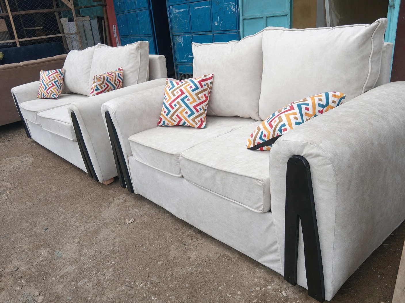 Modern Sofa Set with Distinctive Black Wooden Armrests – Modern Living Room Couch for Home & Office Use NO PILLOWS