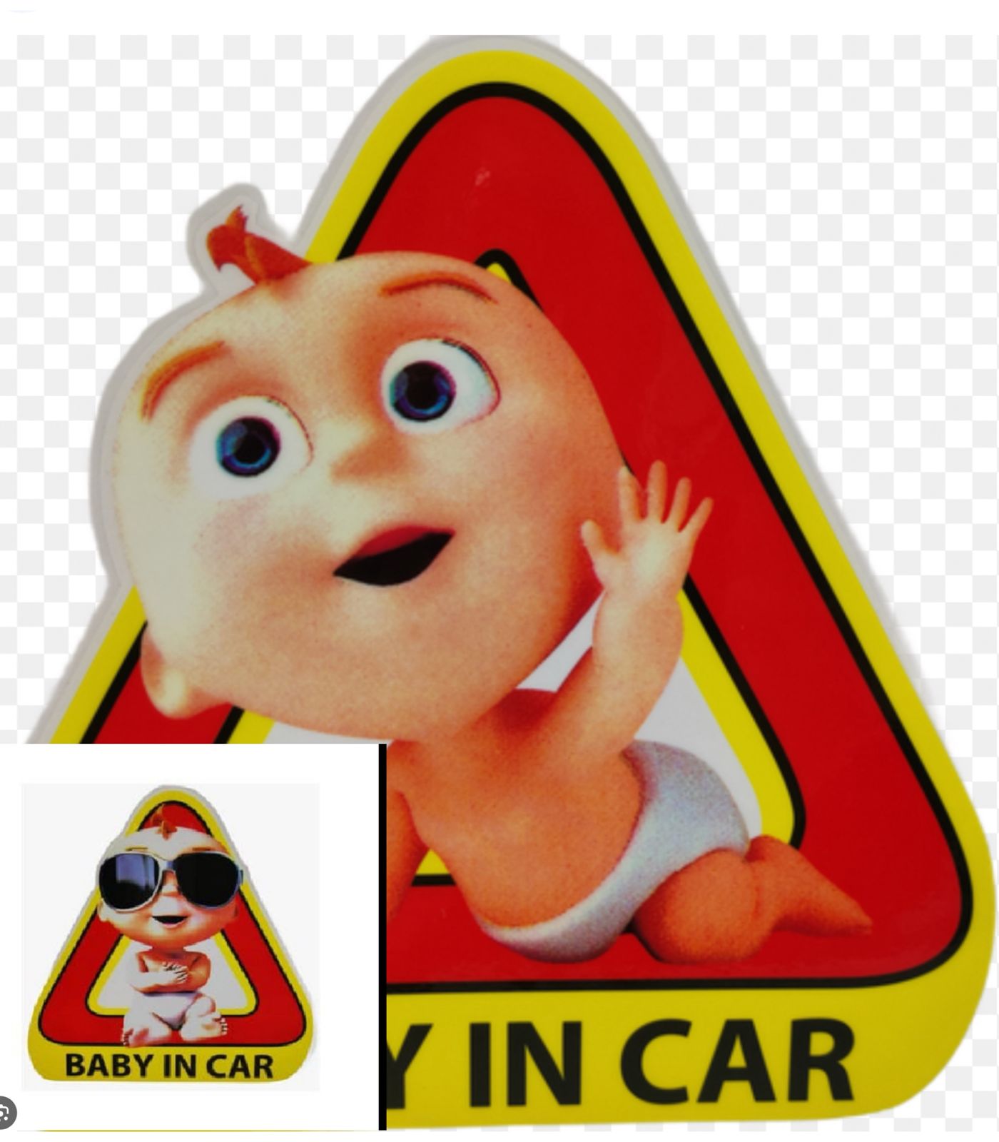 Baby in Car sticker featuring a cartoon character on a yellow and red triangular background