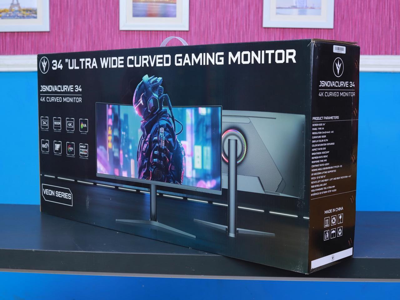 JS Nova 34" Ultra-Wide Curved 4K Gaming Monitor - 165Hz, 1500R, HDMI/DP, Webcam