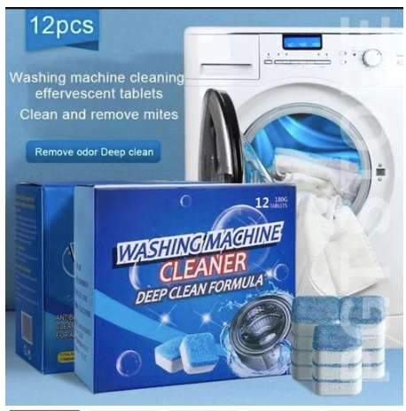 High efficiency Drum washing machine tablets cleaner with 12 pieces inside compatible with all machines, designed to penetrate dissolve and remove odour-causing residueand acts as an antibacteria.