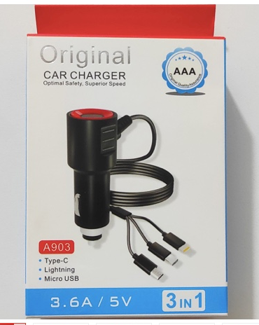 Original Car Charger A903 3 In 1 AAA Quality Fast Charging Car Adapter With Micro USB Type C Lightning Cables Dual USB Port Universal Car Charger For Android iPhone