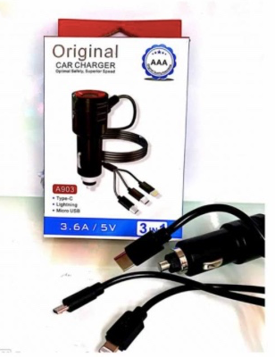 Original Car Charger A903 3 In 1 AAA Quality Fast Charging Car Adapter With Micro USB Type C Lightning Cables Dual USB Port Universal Car Charger For Android iPhone