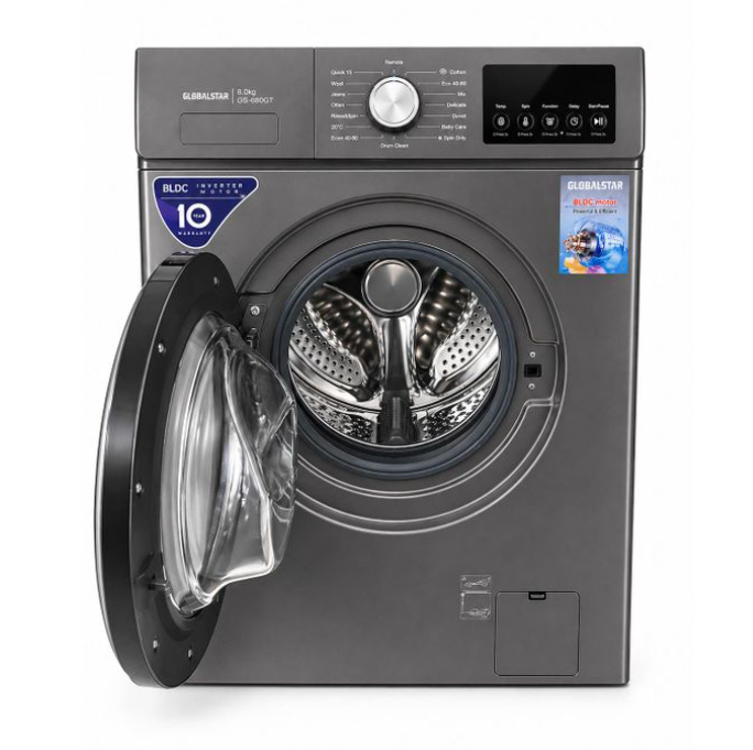 Globalstar GS-800GT Front Load Washing Machine 8KG, BLDC Inverter Motor, Fully Automatic, Energy Saving – Grey