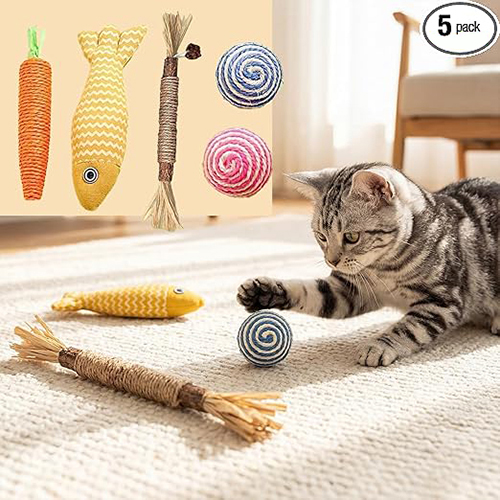 5 Pcs Natural Silvervine Sticks Cat Toys with Carrot, Fish, Silvervine Stick and Two Colorful Sisal Balls, Kittens Chew Toys for Teeth Cleaning, Matatabi Dental Care Cat Treat, Edible Kitty Lick Toys