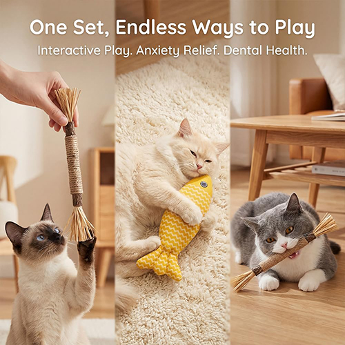 5 Pcs Natural Silvervine Sticks Cat Toys with Carrot, Fish, Silvervine Stick and Two Colorful Sisal Balls, Kittens Chew Toys for Teeth Cleaning, Matatabi Dental Care Cat Treat, Edible Kitty Lick Toys