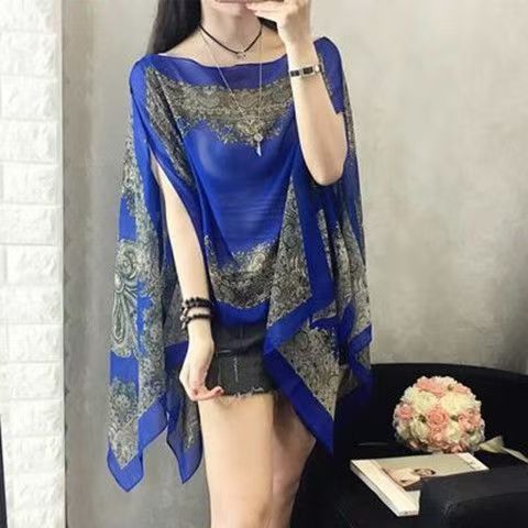 Woman Chiffon Blouse Fashion Women Scarf Shawl Printed Sunscreen Sun Protection Shawl Beach Shawl Soft Loose Bikini Cover Tops