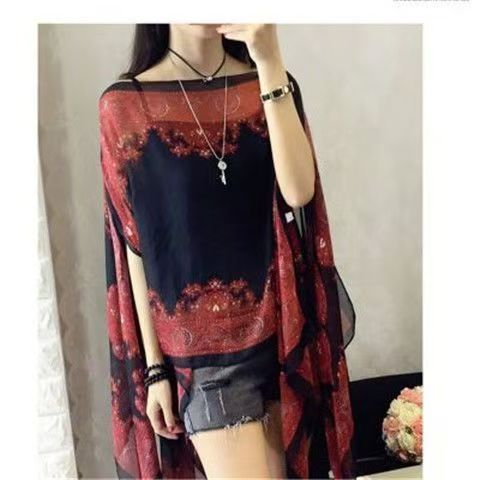 Woman Chiffon Blouse Fashion Women Scarf Shawl Printed Sunscreen Sun Protection Shawl Beach Shawl Soft Loose Bikini Cover Tops