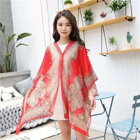 Woman Chiffon Blouse Fashion Women Scarf Shawl Printed Sunscreen Sun Protection Shawl Beach Shawl Soft Loose Bikini Cover Tops