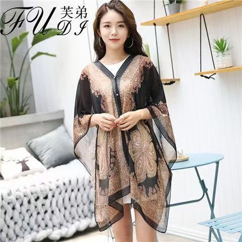 Woman Chiffon Blouse Fashion Women Scarf Shawl Printed Sunscreen Sun Protection Shawl Beach Shawl Soft Loose Bikini Cover Tops