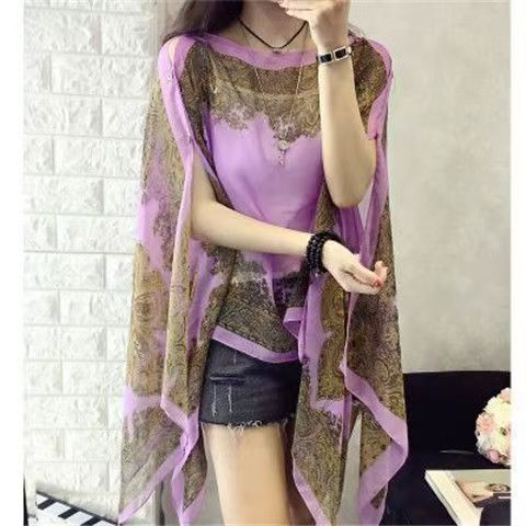 Woman Chiffon Blouse Fashion Women Scarf Shawl Printed Sunscreen Sun Protection Shawl Beach Shawl Soft Loose Bikini Cover Tops