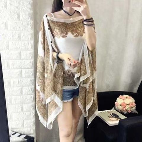 Woman Chiffon Blouse Fashion Women Scarf Shawl Printed Sunscreen Sun Protection Shawl Beach Shawl Soft Loose Bikini Cover Tops