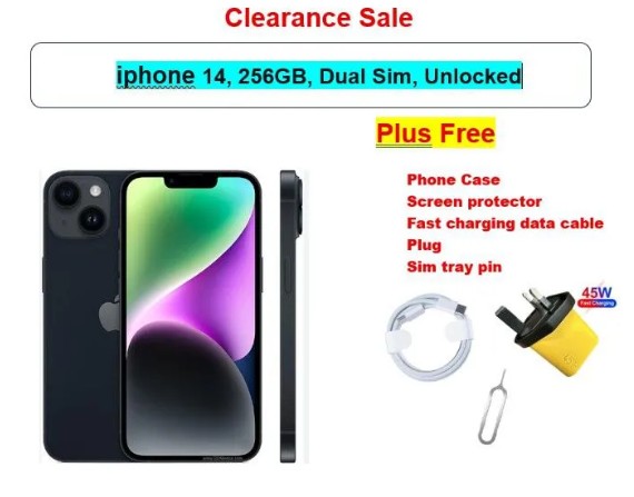 Apple iPhone 14 256GB | Grader A, Dual Sim (Nano + Nano)| Unlocked | Free phone Case, Screen Protector, Fast Charging Cable , Charging Plug, Free Sim Slot Pin