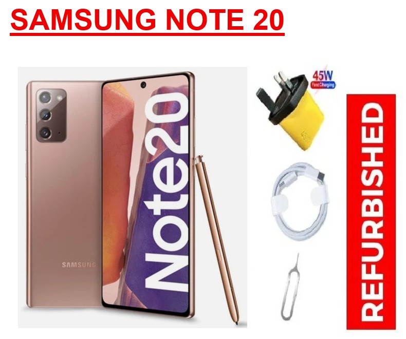 REFURBISHED Samsung Galaxy Note 20, 256GB + 8GB, (Unlocked, Dual Physical SIM, 6.7”),  Built-in S Pen + FREE 45W Fast Charging Adapter, Fast charging Data Cable & SIM Pin, Excellent Condition, Grade A