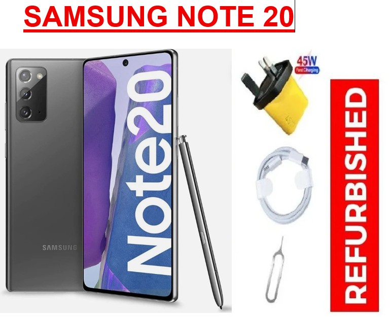 REFURBISHED Samsung Galaxy Note 20 (Unlocked, Dual Physical SIM, 6.7”),  Built-in S Pen + FREE 45W Fast Charging Adapter, Fast charging Data Cable & SIM Pin, Excellent Condition, Grade A