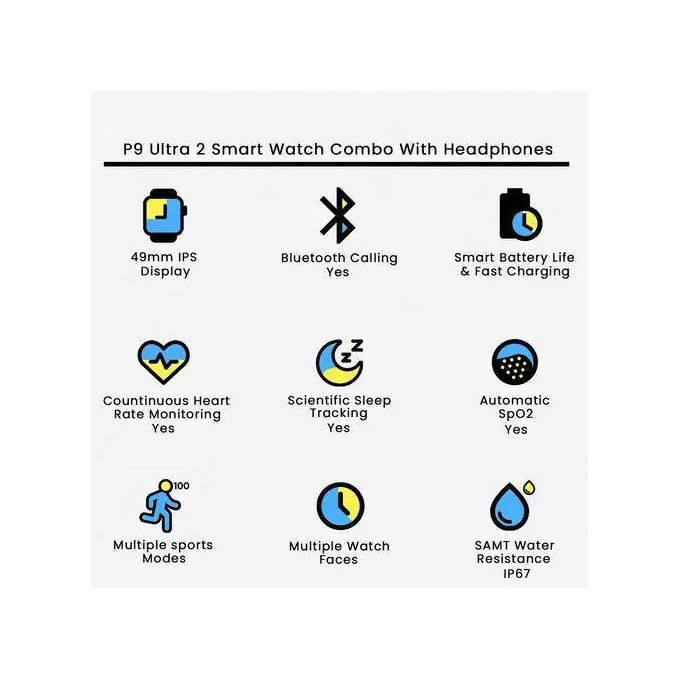 P9 Ultra 3 2.2'' Full Touch Screen HD Display, IP68 Waterproof, BT-Calling, 24H Health Monitoring Smart Watch - For Android & IOS With Bluetooth Headphones - 7 bands