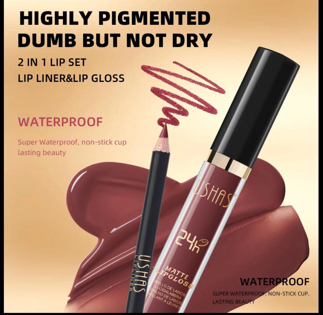 USHAS 2-in-1 Waterproof Lip Duo – Matte Lip Gloss & Matching Lip Liner highly pigmented non-stick cup long lasting