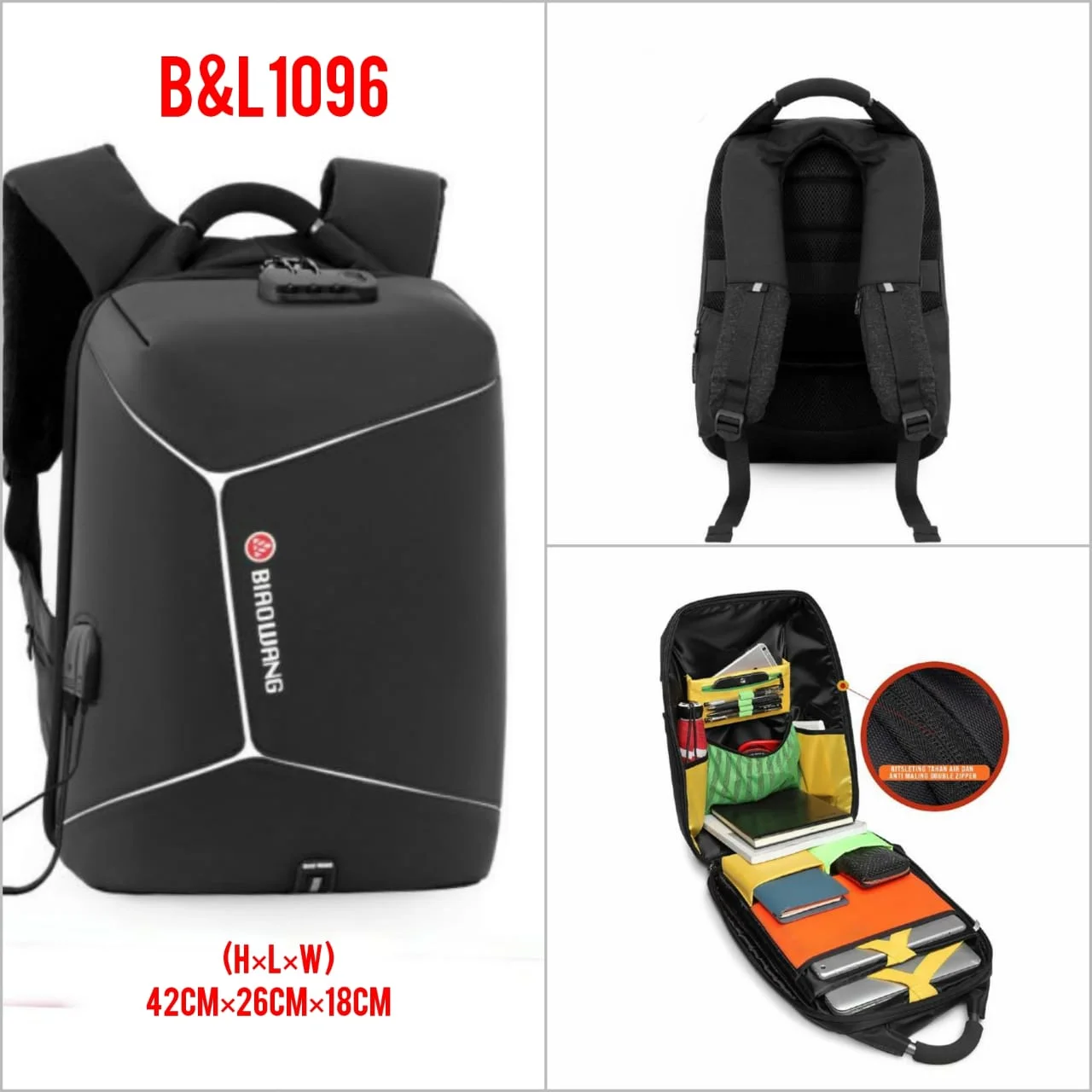 Biaowang Anti-Theft 15.6-Inch Laptop Backpack with USB Charging Port & Combination Lock – Waterproof Hard-Shell Design, Hidden Zippers, Padded Laptop Compartment, Ergonomic Straps & Multi-Organizer.