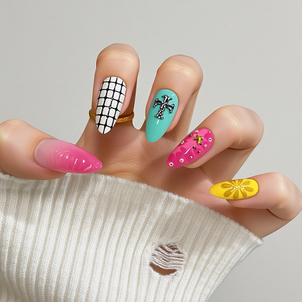 Cross border European and American Ins style cute beach sunset dusk long almond nail fake nail sweet casual fake nail view 3