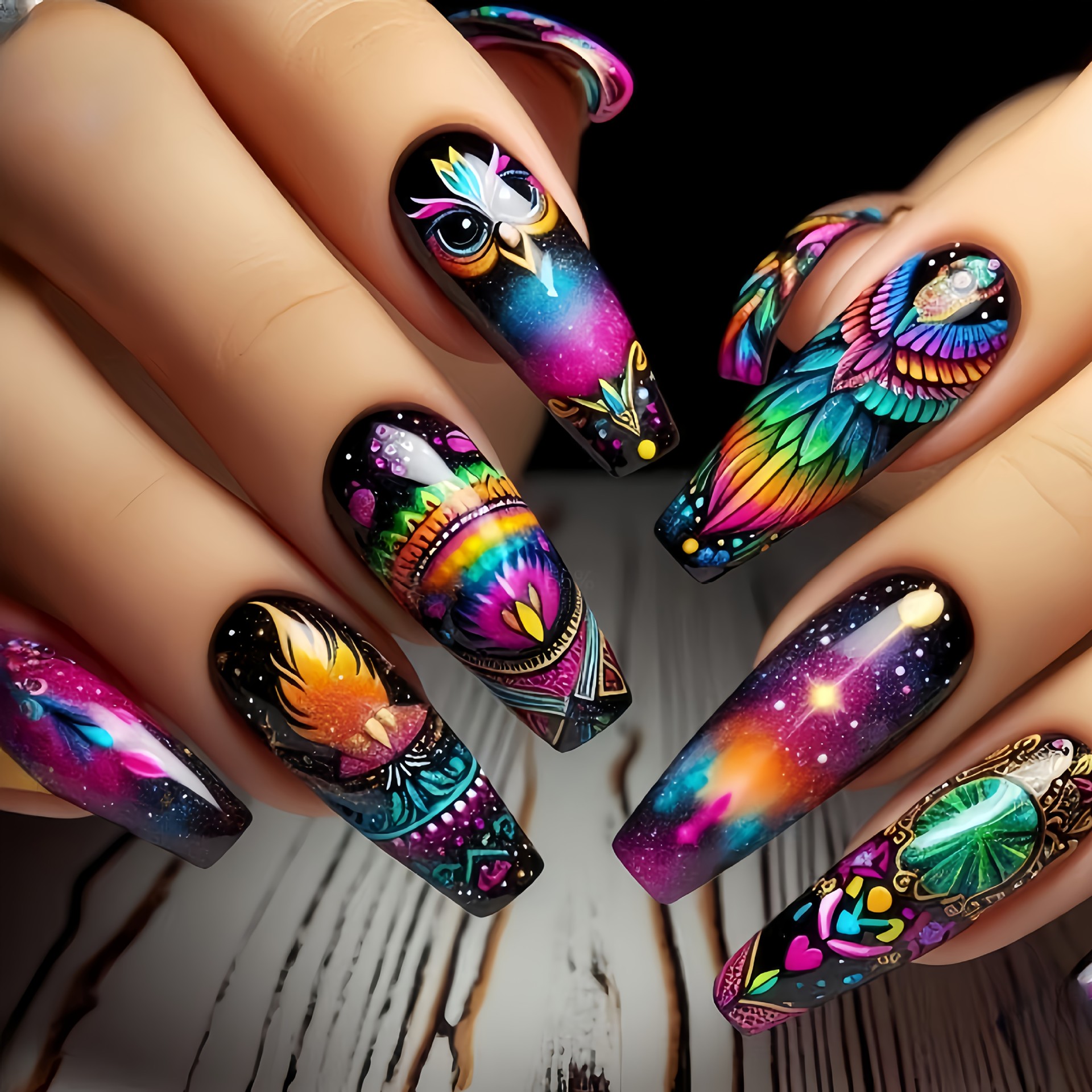 Long nail art decals, removable, 24 pieces, wearable nails, fantasy and colorful starry sky, owl feather design, wearable fake nails