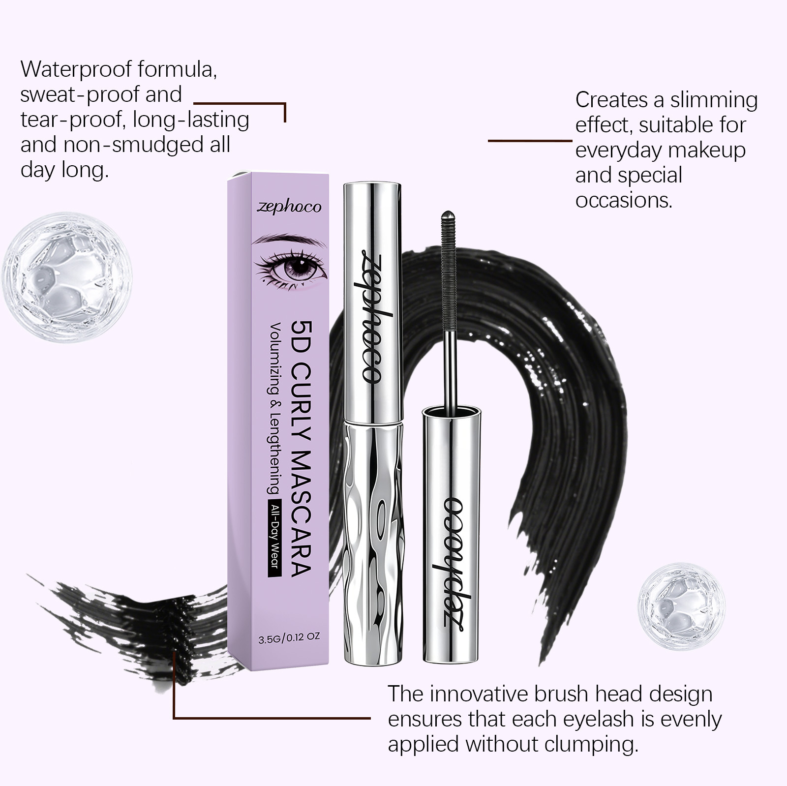 zephoco 3D Makeup Effect Mascara Naturally curled, clearly defined lashes, resistant to smudging, creating deep and captivating eyes
