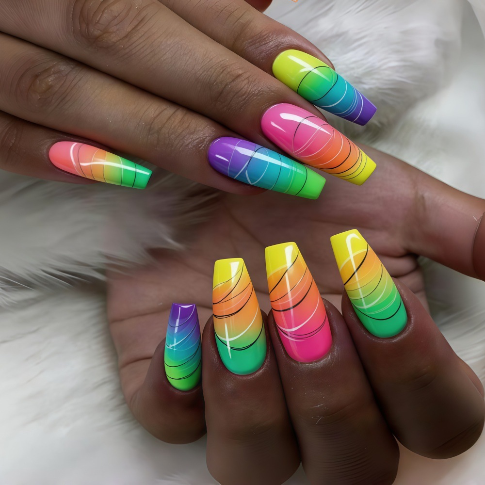 Hot cross-border sales: 24-piece high-end fashionable and dreamy macaron candy color line long wear nail tips wholesale