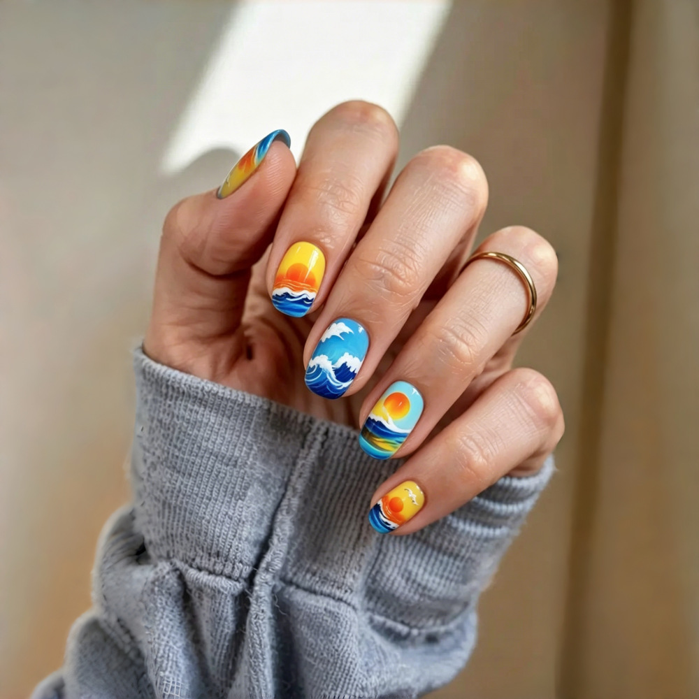Wave Sunrise Wearing Armor Short Style, Hot Selling in Europe and America, Ins Wind Nail Flakes, Detachable 24 Pieces, Fake Nail Art Wholesale