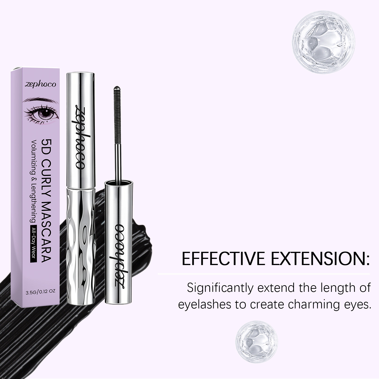 zephoco 3D Makeup Effect Mascara Naturally curled, clearly defined lashes, resistant to smudging, creating deep and captivating eyes
