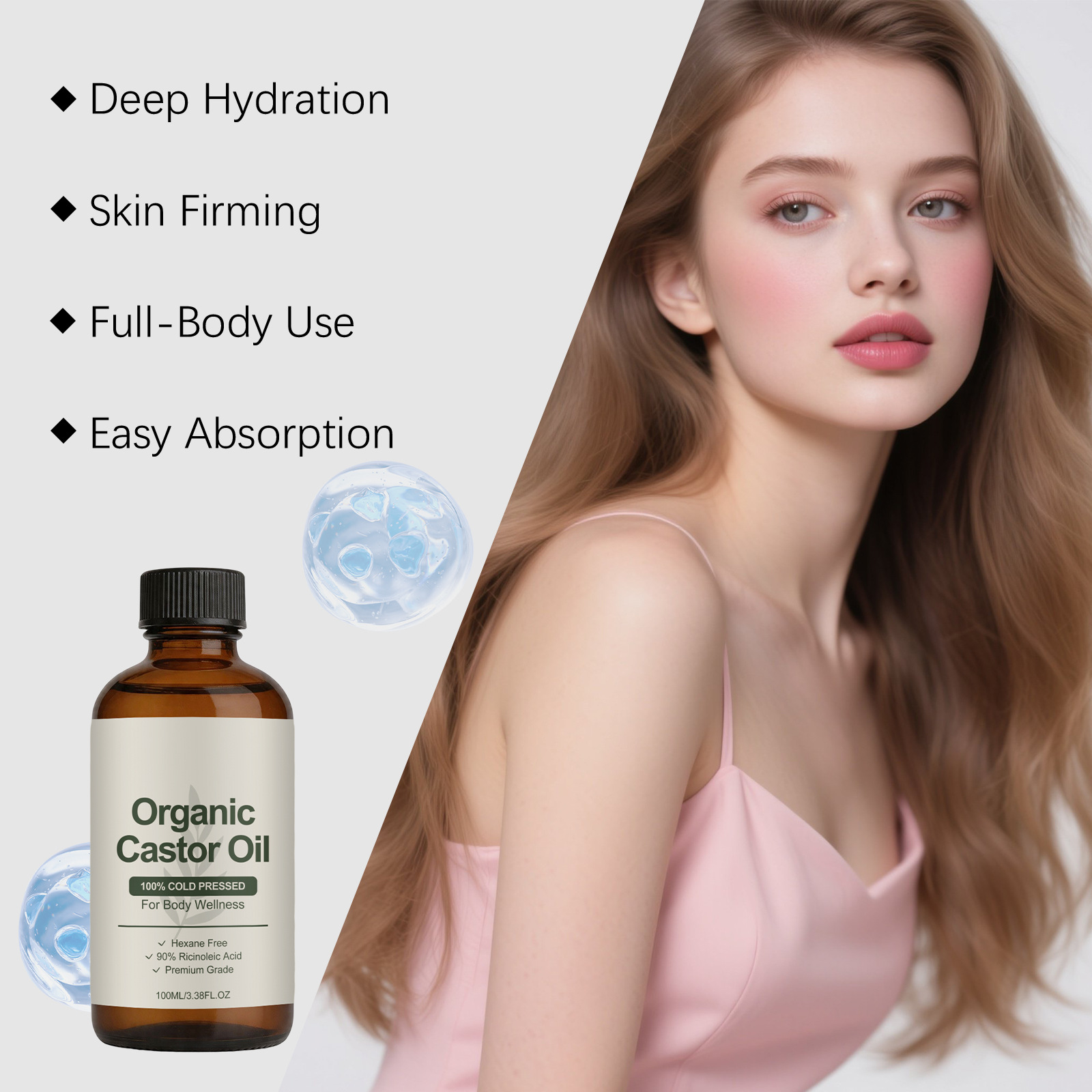 Soft and smooth castor oil, with a gentle texture that's easy to apply, suitable for daily moisturizing and basic care for body skin.