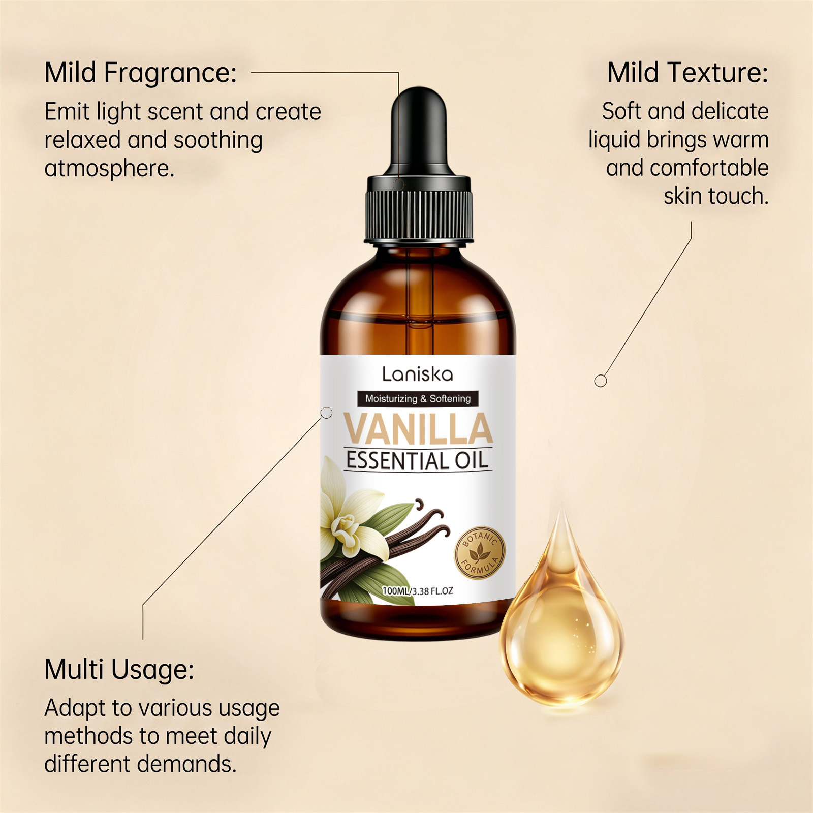 LANISKA Vanilla Care Essential Oil - Fresh, Soft, Gentle on Skin, Improves Dryness, Easily Absorbed, Convenient to Use