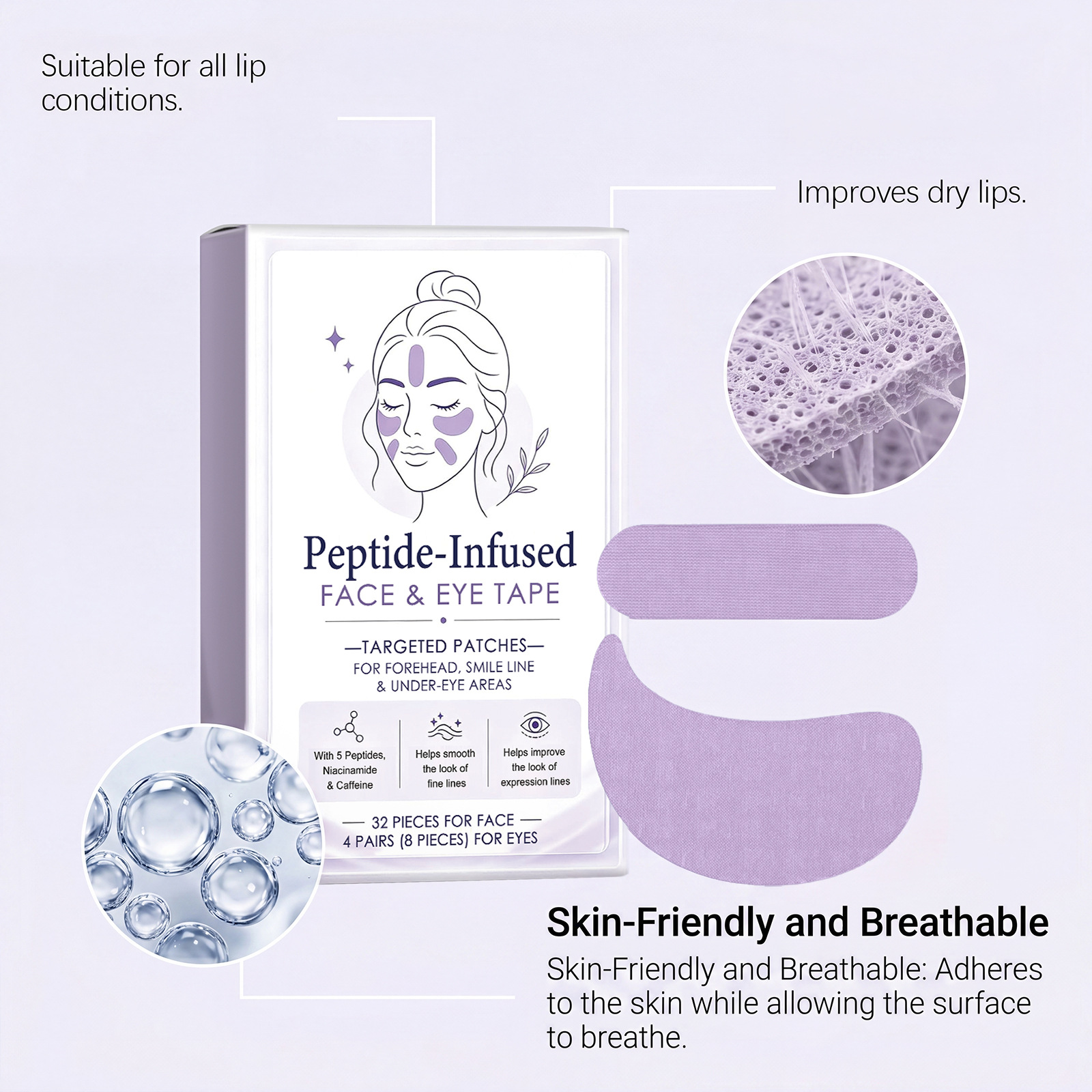 Purple facial care patches, gentle and moisturizing for daily use, fit the contours of your face, lightweight and breathable