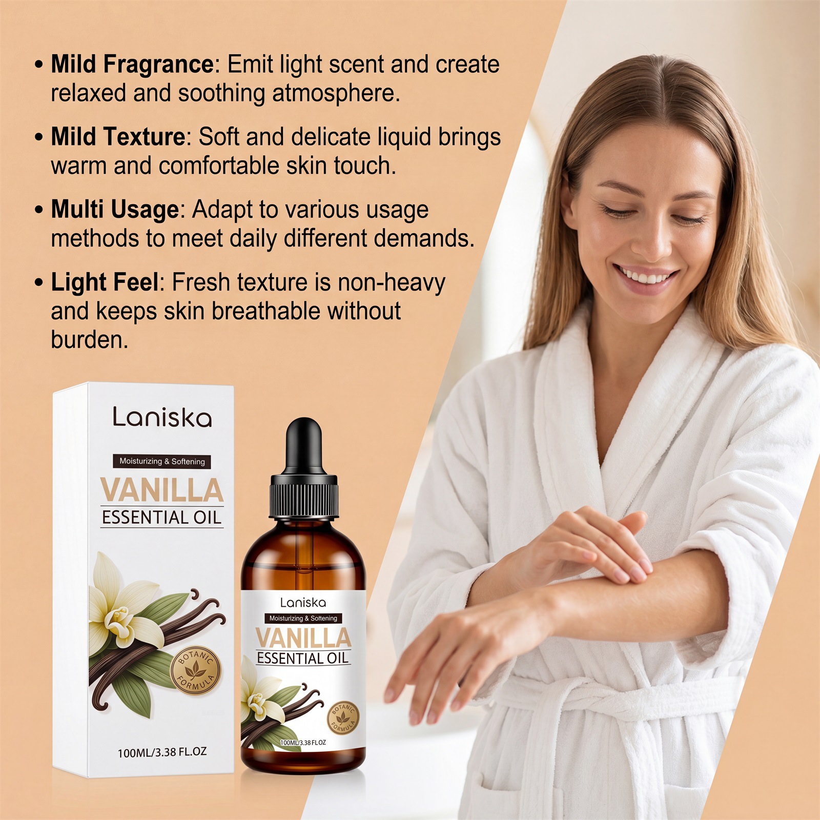 LANISKA Vanilla Care Essential Oil - Fresh, Soft, Gentle on Skin, Improves Dryness, Easily Absorbed, Convenient to Use