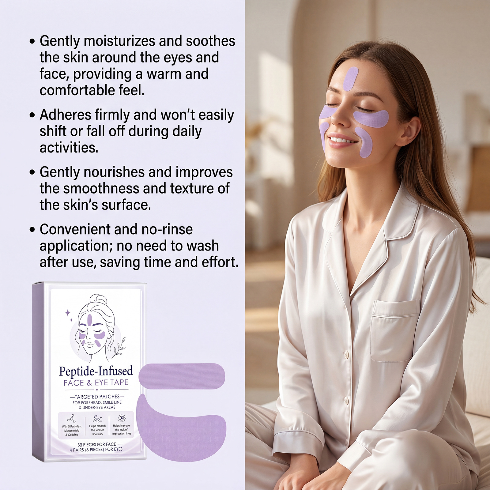 Purple facial care patches, gentle and moisturizing for daily use, fit the contours of your face, lightweight and breathable